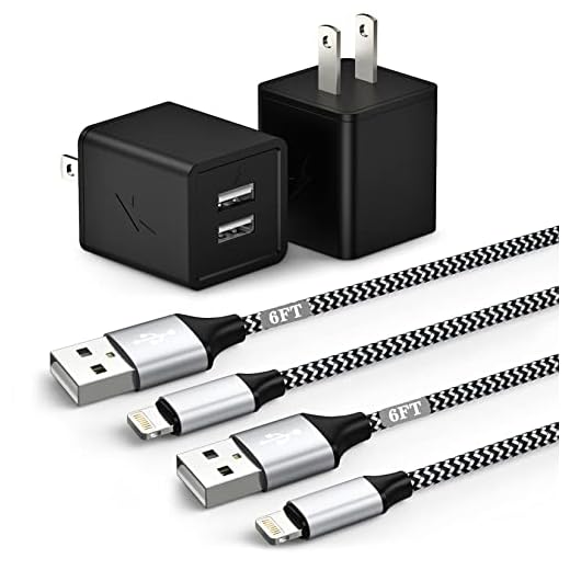 iPhone Charger, MFi Certified Lightning Cable Nylon Braided Fast Charging 2Pack 6FT Data Sync Transfer Cord with Port Plug Wall Charger Compatible with iPhone 11 Pro Max XS XR X 8 7 6S 7 Plus