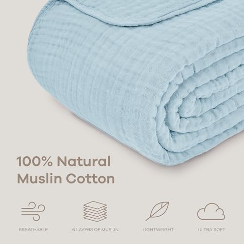 Image of Comfy Cubs Muslin Throw Blanket - 50 inch x 60 inch Quilted Design - Lightweight, Breathable 6-Layer Gauze Fabric - Soft Cotton Blanket for Home or Travel - Packaged in Elegant Gift Box - Sky Blue