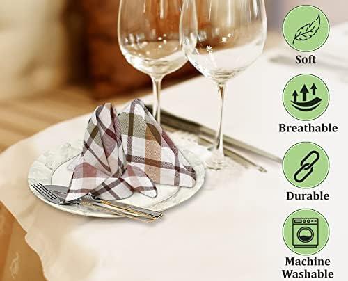 Ruvanti Cloth Napkins 12 Pack 20X20 Inch Dinner Table Napkins, Soft & Comfortable 100% Cotton Brown Multi Check Reusable Linen Napkins for Christmas/Dinners/Weddings/Bar/Cocktail Parties.