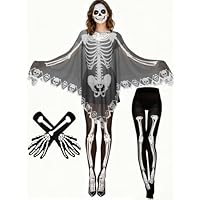 BOARDFEB 3Pcs Women's Skeleton Halloween Costume, Cape Poncho Skeleton for Halloween Costume Party Cosplay