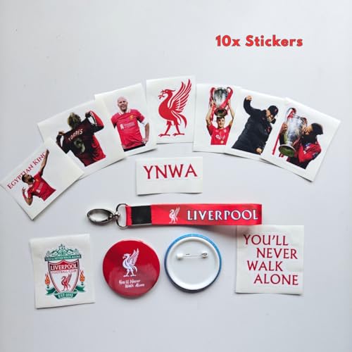 Image of TenorArts Liverpool Gift Box Merchandise for Fans - 5x7 Inches Laminated Photo Frame,1 Liverpool Keychain, 1 Badge, 4 4x6 inches Sized Posters, Multi sized Football Stickers - 5 items in 1 Box | Perfect for Gifting Football Fans