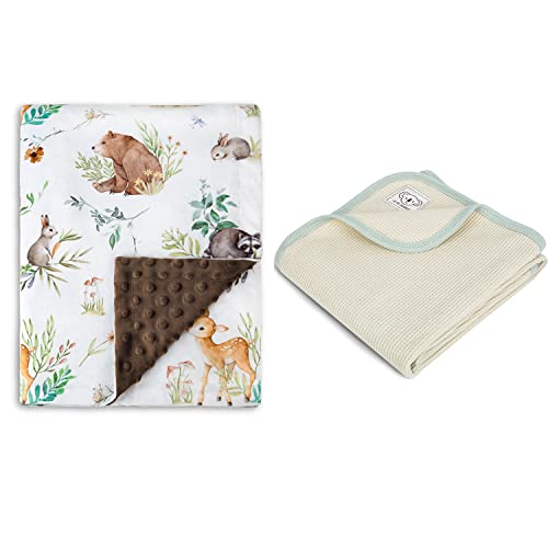 Baby Blanket For Boys Girls With Woodland Animals Printed 30X40 Inch + 100% Cotton Waffle Soft Lightweight Toddler Bed Blanket 30X30 Inch #TOP24