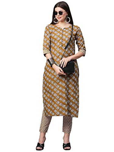 Image of GoSriKi Women's Cotton Blend Printed Straight Kurta With Pant
