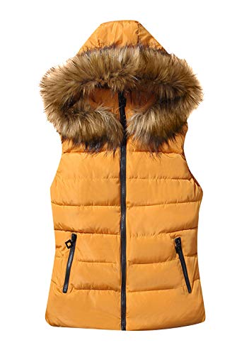 GORIFE Womens Down Vest Winter Vest Sleeveless Thickened Fur Hood Trim Vest Yellow M