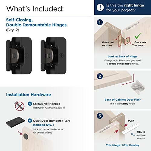 Amerock Bpr8704Fb | Cabinet Hinge | 1/2 In (13 Mm) Overlay Double Demountable | Matte Black | Kitchen Cabinet Door Hinge | 1 Pair/2 Pack | Functional Hardware #TOP2