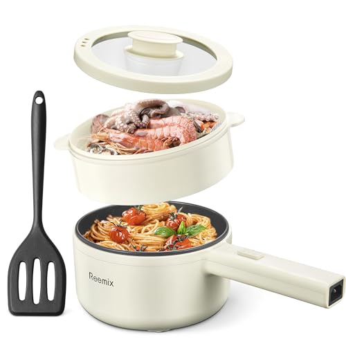 Hot Pot Electric With Steamer, 1.6L Ramen Cooker Non-Stick Sauté Pan for Steak, Egg, Fried Rice, Ramen, Oatmeal, Soup, Portable Personal Perfect Suit Dorm Room and Apartment (White, Large)