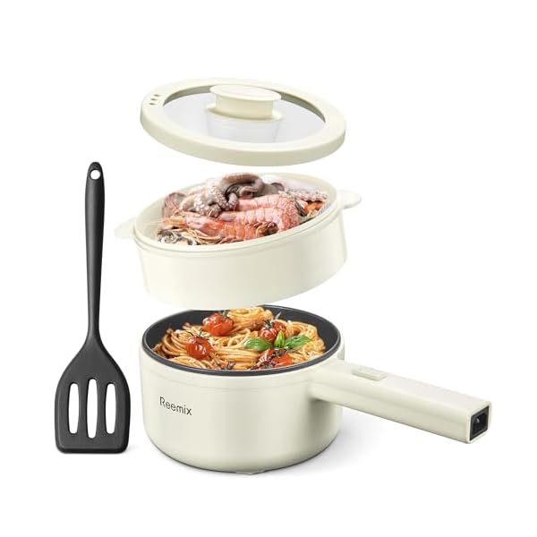 Hot Pot Electric With Steamer, 1.6L Ramen Cooker Non-Stick Sauté Pan for Steak, Egg, Fried Rice, Ramen, Oatmeal, Soup, Portable Personal Perfect Suit Dorm Room and Apartment (White, Large)