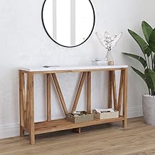 Merrick Lane Erikson Sofa Table - Modern Farmhouse Design - Warp Resistant Engineered Wood in Warm Oak - Faux Marble Top - Lower Shelf