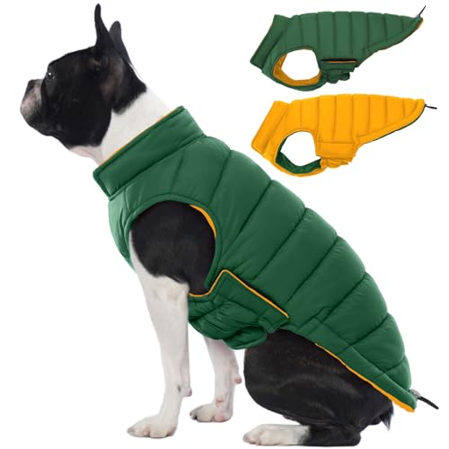 Lelepet Reversible Dog Coat Waterproof Dog Jacket Windproof Puffer Vest for Winter Warm Lightweight Coats for Small Dogs Adjustbale Hook & Loop Pet Apparel with Leash Hole, Pug, Green, M Med
