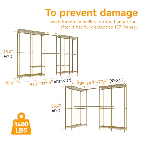 H5 Pro Heavy Duty Clothes Rack Wardrobe Closet for Hanging Clothes, Freestanding Garment Rack with Expandable Hanger Rods, Closet Organizer and Storage, (97.7-115.4")L x 15.7"W x 75.4"H, Gold