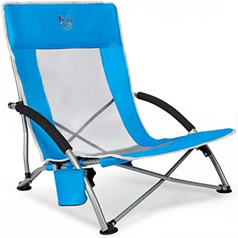 Timber Ridge Low Beach Camping Chair Light Weight Folding Chair with Mesh Back Carry Bag Cup Holder Armrest, Foldable Chair for Garden Outdoor Camping BBQ Travel Picnic Cover