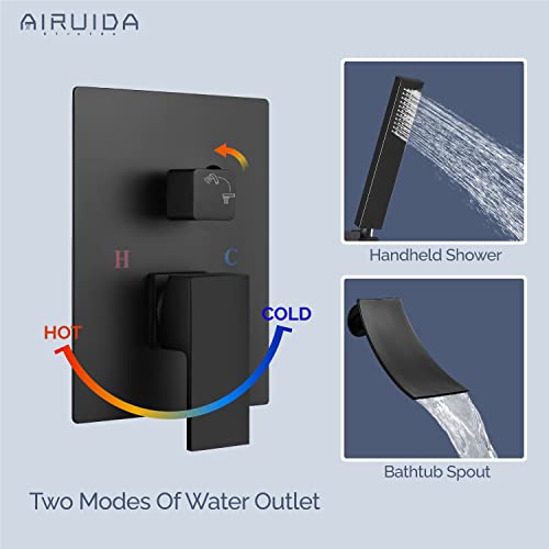 Airuida Matte Black Wall Mount Bathtub Faucet With Handheld Shower Sprayer Wall Mounted Tub Filler With Waterfall Spout Modern Single Handle Tub Shower Faucet Set Water Mixer Brass Rough-In Valve #TOP3