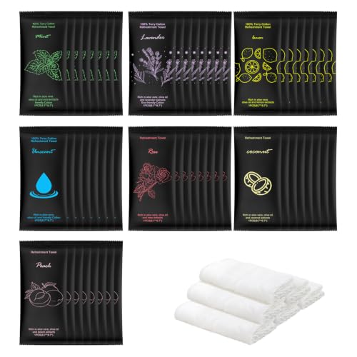 Image of twoworld 140 Moist Cotton Towel Bulk Moist Towelettes Individually Wrapped | White Towel Services,Refreshment Pre Moistened Towels Lavender Lemon Mint Unscented Peach Rose Coconut for Sport 8.7 inch x 8.7 inch