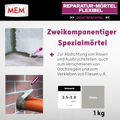 MEM Reparaturmörtel Flexibel, Zweikomponentiger Spezialmörtel für Risse, Ausbruchstellen & Betonreparaturen, Innen & Außen, Hochflexibel, Frostbeständig, Grau, 1 kg Eimer