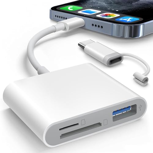 Dual SD Card Reader Compatible with iPhone, iPad, USB-C Devices – 3-in-1 Lightning & USB-C Adapter with SD, MicroSD, USB-A Slots, Trail Camera Memory Card Viewer, Plug & Play, No App Required