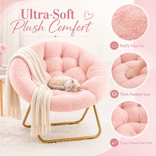 Image of Simple Deluxe Comfy Chairs for Bedroom, Faux Fur Saucer Chair for Adults, Oversized Comfy Soft Saucer Chair, Padded Lazy Chair for Living Room Dorm Rooms, Pink