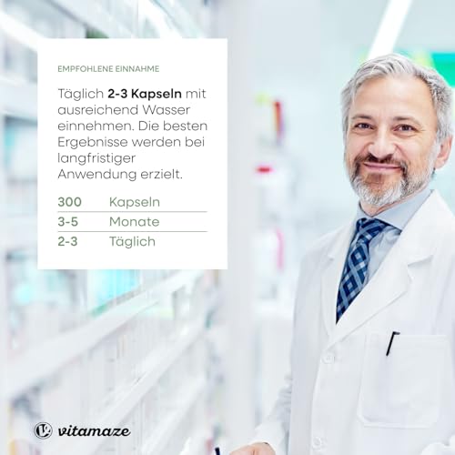 Vitamaze Grünlippmuschel Kapseln hochdosiert 1500 mg Grünlippmuschel Pulver aus Neuseeland pro Tagesdosis, 300 Kapseln. Natürliche Nahrungsergänzung ohne Zusätze, Made in Germany.