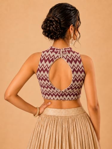 Image of Vamas Women's Net Saree Blouse | Padded Sleeveless Back Open Designer Blouse | ReadymadeEthnic Blouse with Tie-Up Back for Women