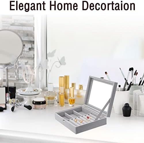 Velvet Jewelry Box, Ring Display Box Earrings Organiser Storage Tray Case with Clear Lid Lockable Jewellery Showcase Box