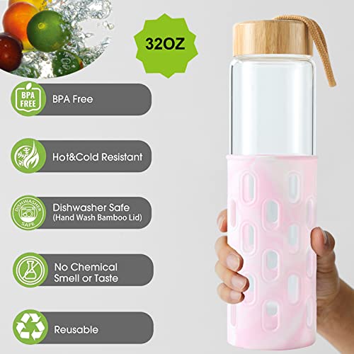 Wemburly 32Oz Borosilicate Glass Water Bottle With Silicone Sleeve And Bamboo Lid Cute Water Bottles For Women #TOP1