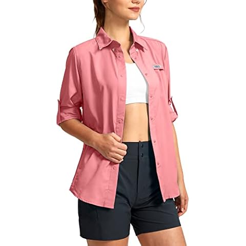 Viodia Womens Sun Protection Shirt with Zipper Pockets Lightweight SPF Long Sleeve Shirts for Women Fishing Hiking, Pink, Medium Cover