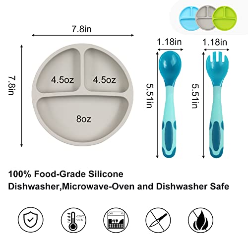 3 Pack Safe Silicone Baby Suction Plates - Toddler Divided Plate Set With Spoon Fork, Dishwasher And Microwave Safe (Blue, Green & Gray) #TOP3