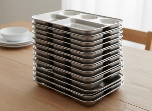 Image of MOHAM Stainless Steel Rectangular Partition Plate 5 in1 /Bhojan Thali /Compartment Plate /Steel Thali /Dinner Plate Pack of 18 for Breakfast /Lunch /Dinner /Pav Bhaji Plates