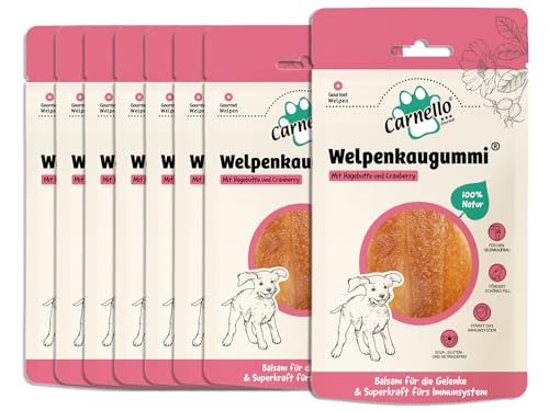 Carnello Welpenkaugummi – Welpen Leckerlies, Kauknochen Hund Welpe, Kauartikel Hund, Hundeleckerli getreidefrei – Wiederverschließbare Beutel (8 x 60g)