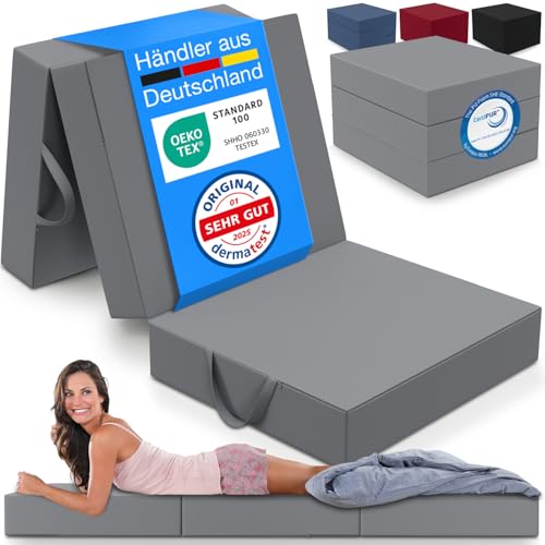 Luxus-Reiseset (Reisekissen, Reisebettmatratze) aus Visco-elastischem Airschaum (Memory-Foam), 2-teilig in blau, leichte mobile Matratzenauflage und Kopfkissen, ideal für Reisen, Camping, Wohnwagen 3 maxVitalis Klappmatratze, Gästematratze, 3-teilige Faltmatratze, Schaumstoff extra dick (15cm), waschbar, Bandscheibenwürfel, klappbar, Faltbare Matratze, Erwachsene (Grau, 75 x 195 x 15 cm)