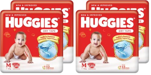 Image of Huggies Complete Comfort Dry Tape Medium (M) Size Baby Tape Diapers, 120 count with 5 in 1 Comfort (60 Count, Pack of 4)