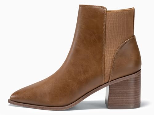 Coutgo Womens Pointed Toe Ankle Boots Elastic Chunky Block Stacked Mid Heel Slip On Chelsea Booties4