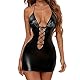 NEEMOSI Frauen Sexy Leder Dessous Wetlook Partykleid Neckholder V-Ausschnitt Nighterdress Reizwäsche Lack Damen Erotische Minikleid Clubwear Nachtwäsche Bodycon Figurbetonte Kleider Hüftrock