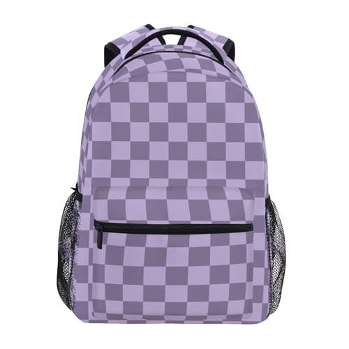 Purple Grey Checkerboard Backpack Lightweight School Bags Boys Girls Bookbag Kids Travel Rucksack