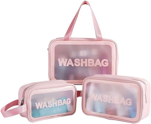 Image of KASHIVAL 3-Piece Clear Travel Toiletry Bags Set, Waterproof Transparent Makeup Organizer Pouches with Zipper, Large Medium Small Cosmetic Storage Cases with Carrying Handle (Pink)