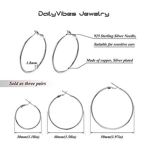 Image of DAILY VIBES Simple Big Thin Hoop Earrings for Women Trendy, 3 Pairs | 925 Sterling Silver Post Large Hoops, 14K Gold or Silver Plated Loop, Hypoallergenic Hoop Earrings Set