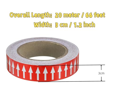 Image of Pipe Flow Arrow Tape Pipeline Arrow Stickers 1.2 Inch x 66 Ft (3cm x 20M) Pipe Identification Marking Arrow Labels with Reflective Strips for Pipe Flow Markers, Red /White