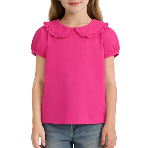 Image of Magic Park 12M-14Y Toddler Short Sleeve T-Shirt Girls Ruffle Blouse Kids Solid Color Tee Casual Tops Holiday Clothes