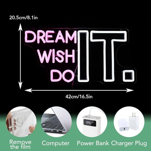 Image of Dream It Wish It Do It Neon Sign Dimmable Letters Neon Light Signs for Wall Decor USB Power Pink White Neon Light for Bedroom Led Neon Sign for Studio Office Bar Gifts