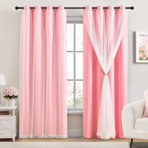 Image of XiDi Double Layer Curtains with Sheer Overlay for Girls Kids Bedroom 96 Inches Long Pink Blackout Curtains Princess Nursery Thermal Insulated Room Darkening Grommet Drapes Lace Hem 2 Panels W52xL96