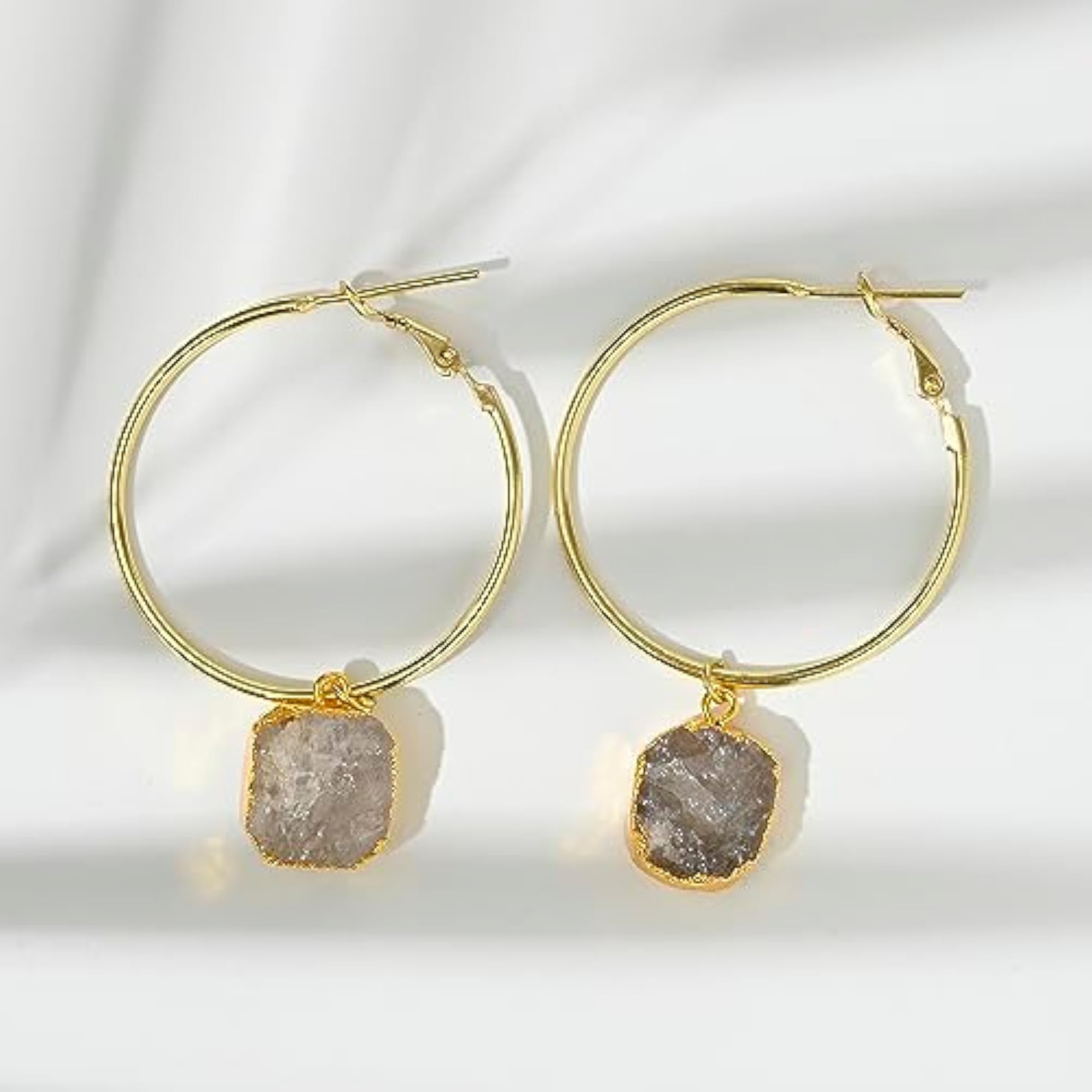 Luxury Gold Finish Natural Stone Aqua Hoop Earrings Set