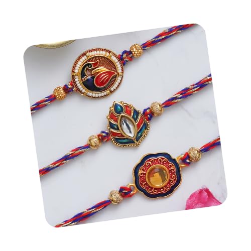 Image of eCraftIndia Multicolor Set of 3 Semi Precious Stone Designer Rakhis with Roli Chawal Pack - Rakhi for Brother