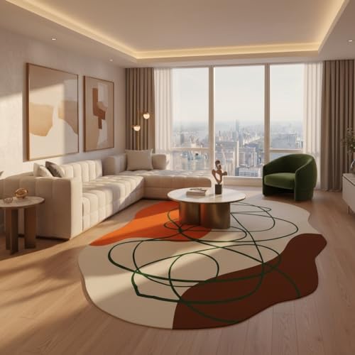 Machine Washable Area Rugs Modern Abstract Orange Brown Off White