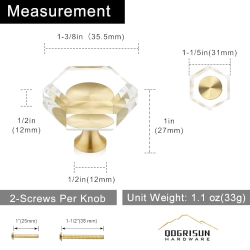 Image of QOGRISUN 5-Pack Crystal Cabinet Knobs, Gold Drawer Knobs, Hexagon 1-3 /8in