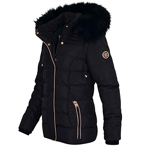 Spindle Womens Ladies Premium Quality Hooded Short Fur Parka Quilted Padded Puffer Coat | Zip Side Pockets | Luxurious Detachable Faux Fur on Hood | Zipped Inner Pocket Black 18 - Image 3