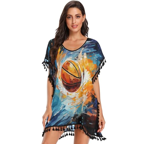 Space Hand Drawing Basketball Women's Beach Cover Up Chiffon Tassel Swimwear Swimsuit Coverups for Girl