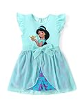 Disney Princess Jasmine Toddler Girl Romper With Tulle Skirt Overlay Turquoise Charater Print Ruffle Sleeve Tie Waist Bow Birthday Summer Jumpsuit 2T
