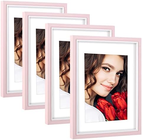 LBECUA 8x10 Picture Frames Set of 4, Wooden Pink Picture Frames with HD Plexiglass, Fashion Edging for Classic Style, Horizontal and Vertical for Wall and Tabletop