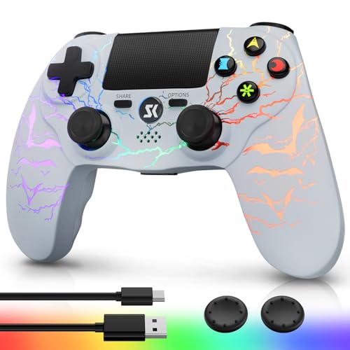 Image of Kujian Wireless Controller for PS4 with RGB, Gaming Remote for PS4 with1000mAh Battery /Dual Shock /6-Axis Gyro /3.5mm Audio Jack /Speaker, Gaming Controller for Playstation 4 /PS3(White)