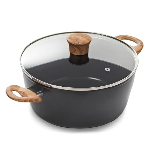 Blackmoor Sherwood Classic Range 65299 - Olla con tapa de cristal templado, antiadherente, con revestimiento de cerámica, mango de efecto madera, sin PFAS, apta para todo tipo de fuegos, 24 cm