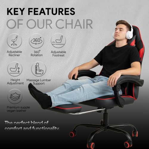 Image of ValorX USA Striker 2026 Edition | Ergonomic Gaming & Office Computer Chair | Premium PU Leather | Dual Massager Back Support | Adjustable Neck & Lumbar Pillow | Ergo Sync Armrests | Footrest (Red)